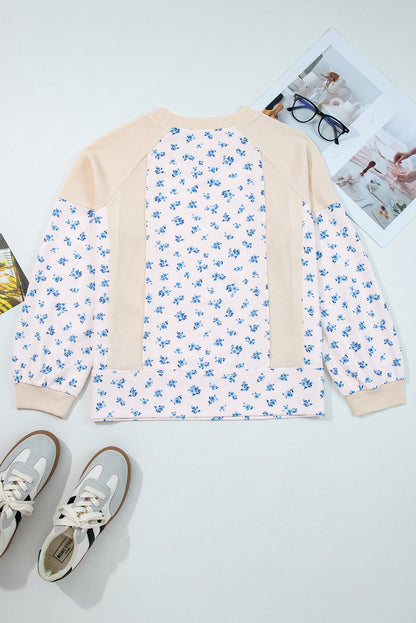 Beige Floral Print Waffle Patchwork Balloon Sleeve V Neck Oversized Top