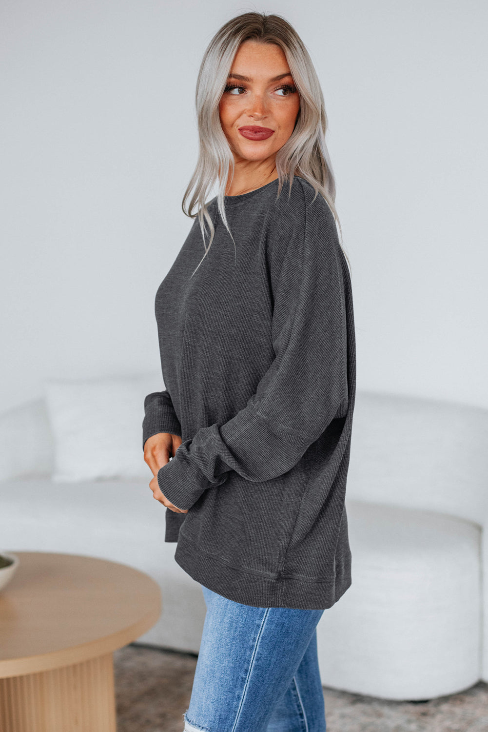 Dark Brown Ribbed Plain Long Sleeve Loose Top