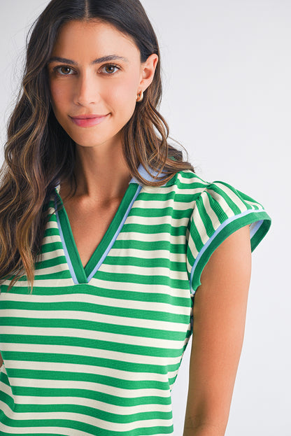 Green Striped Ruffle Short Sleeve Pop of Color Neckline Dress