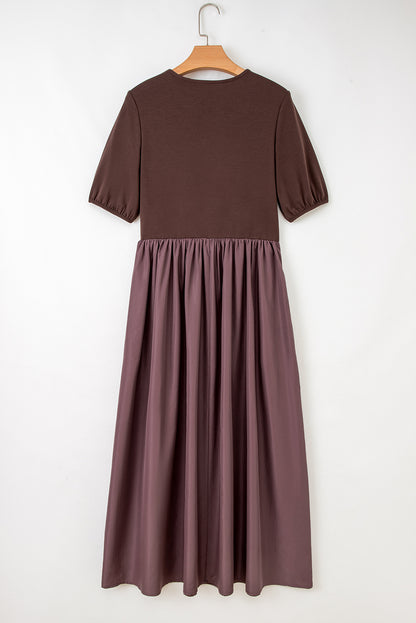 Coffee Knit Top Patchwork Pleated Half Sleeve Long Dress