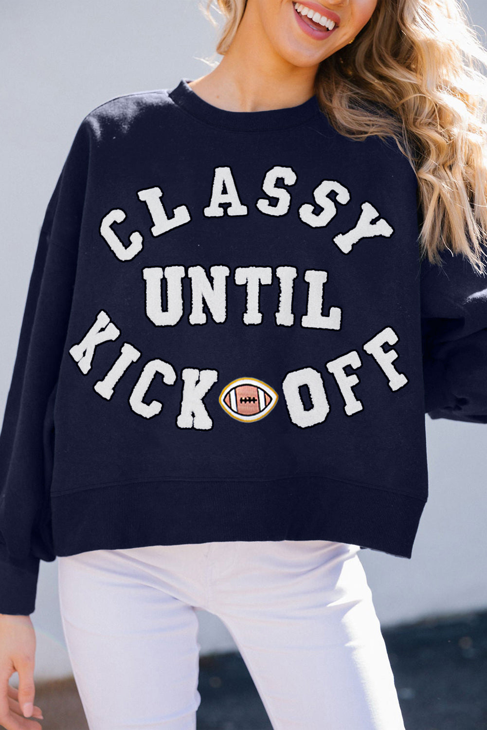 White CLASSY UNTIL KICKOFF Letter Graphic Loose Sweatshirt