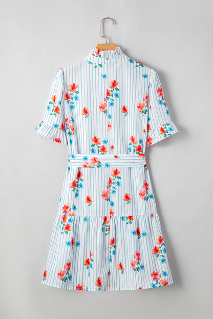 Sky Blue Striped Floral Print Ruffle Belted Mini Dress