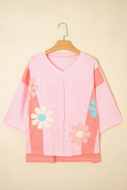 Green Flower Patched Exposed Seam 3/4 Sleeve top