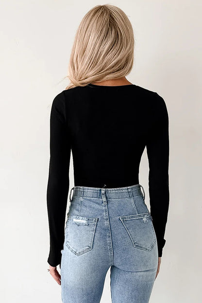 White Ribbed Long Sleeve Crew Neck Solid Color Bodysuit