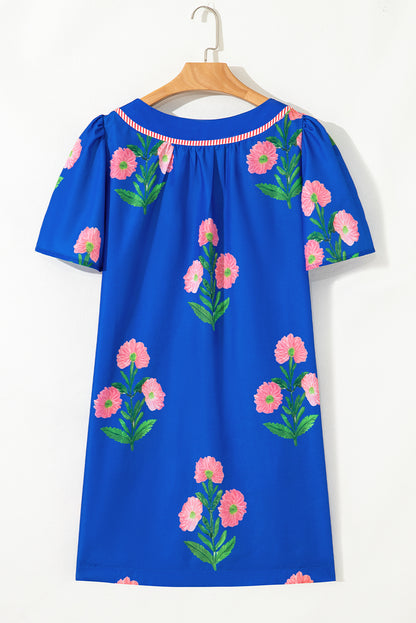 Blue Striped Trim Short Sleeve Split Neck Floral Mini Dress