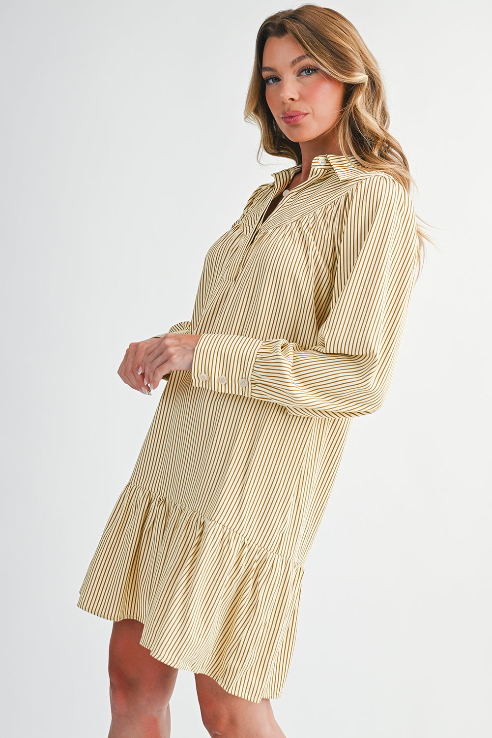 Brown Striped Shirt Collar Ruffle Hem Long Sleeve Dress