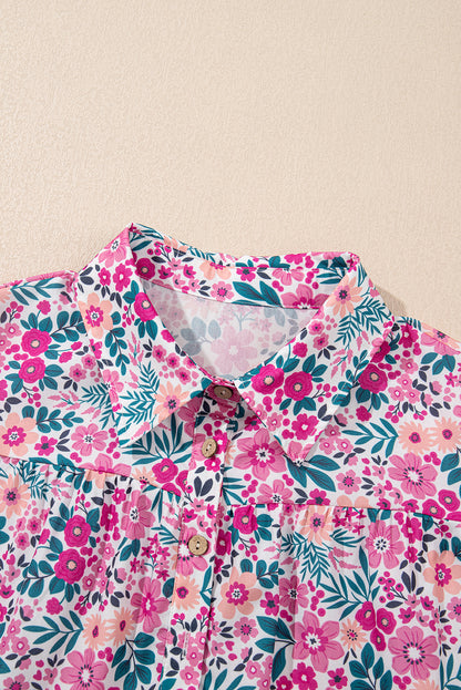 Pink Allover Floral Print Collar Half Button Short Sleeve Loose Dress
