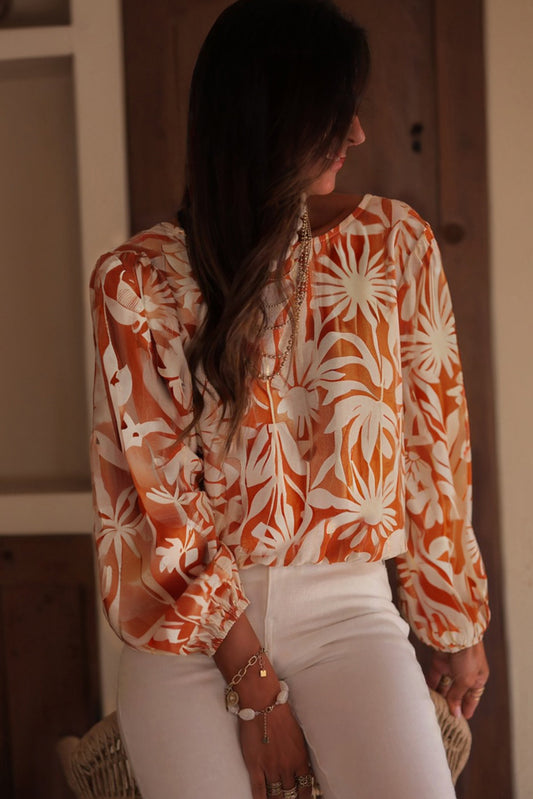 Orange Floral Print Knotted Backless Long Sleeve Blouse