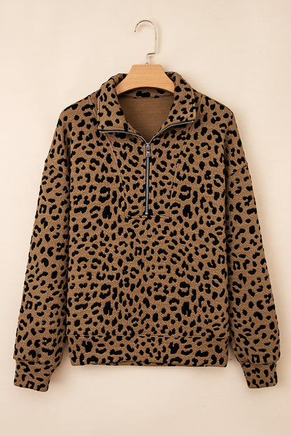 Brown Leopard Print Quarter Zip Sweatshirt