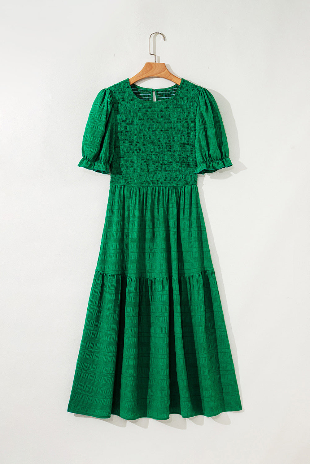 Dark Green Solid Textured Shirred High Waist Midi Dress