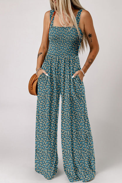 Black Floral Square Neckline Stretch High Waist Jumpsuit