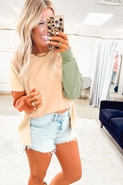 Beige Colorblock Patchwork Split Hem Casual Sweatshirt