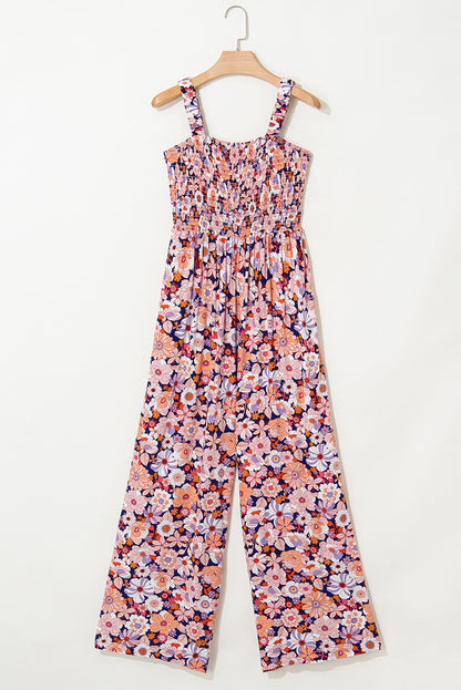 Black Floral Square Neckline Stretch High Waist Jumpsuit
