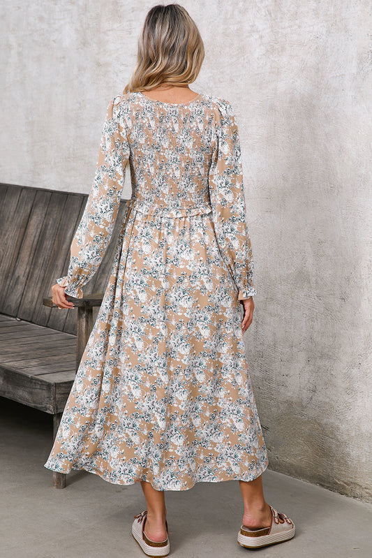 Khaki Floral Smocked Puff Sleeve Maxi Dress