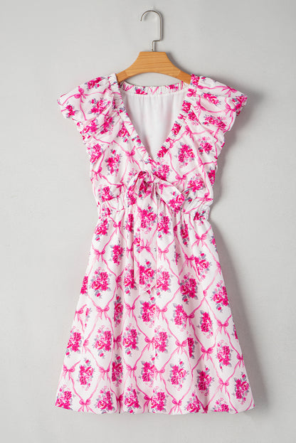 Multicolour Boho Bow Floral Print Knot V Neck Mini Dress
