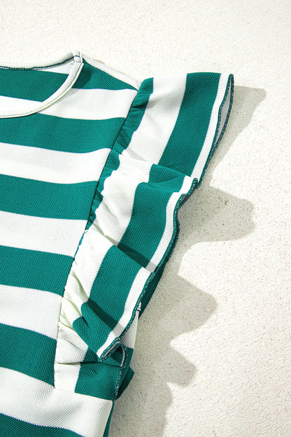 Black Stripe Flutter Sleeve Round Neck Shift Mini Dress