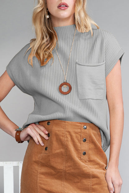Gold Flame Patch Pocket Ribbed Knit Short Sleeve Sweater