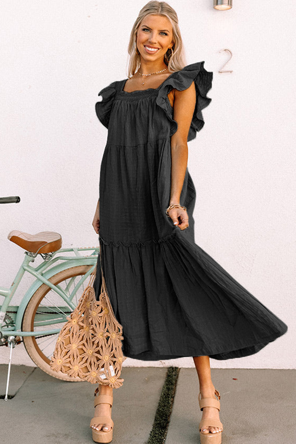 Purple Ruffled Flutter Sleeve Square Neck Textured Tiered Maxi Dress