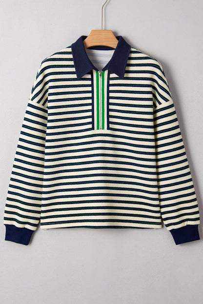Navy Blue Pop of Color Zipper V Neck Striped Long Sleeve Top
