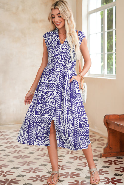 Dirty Blue Floral Print Smocked Waist Sleeveless Dress