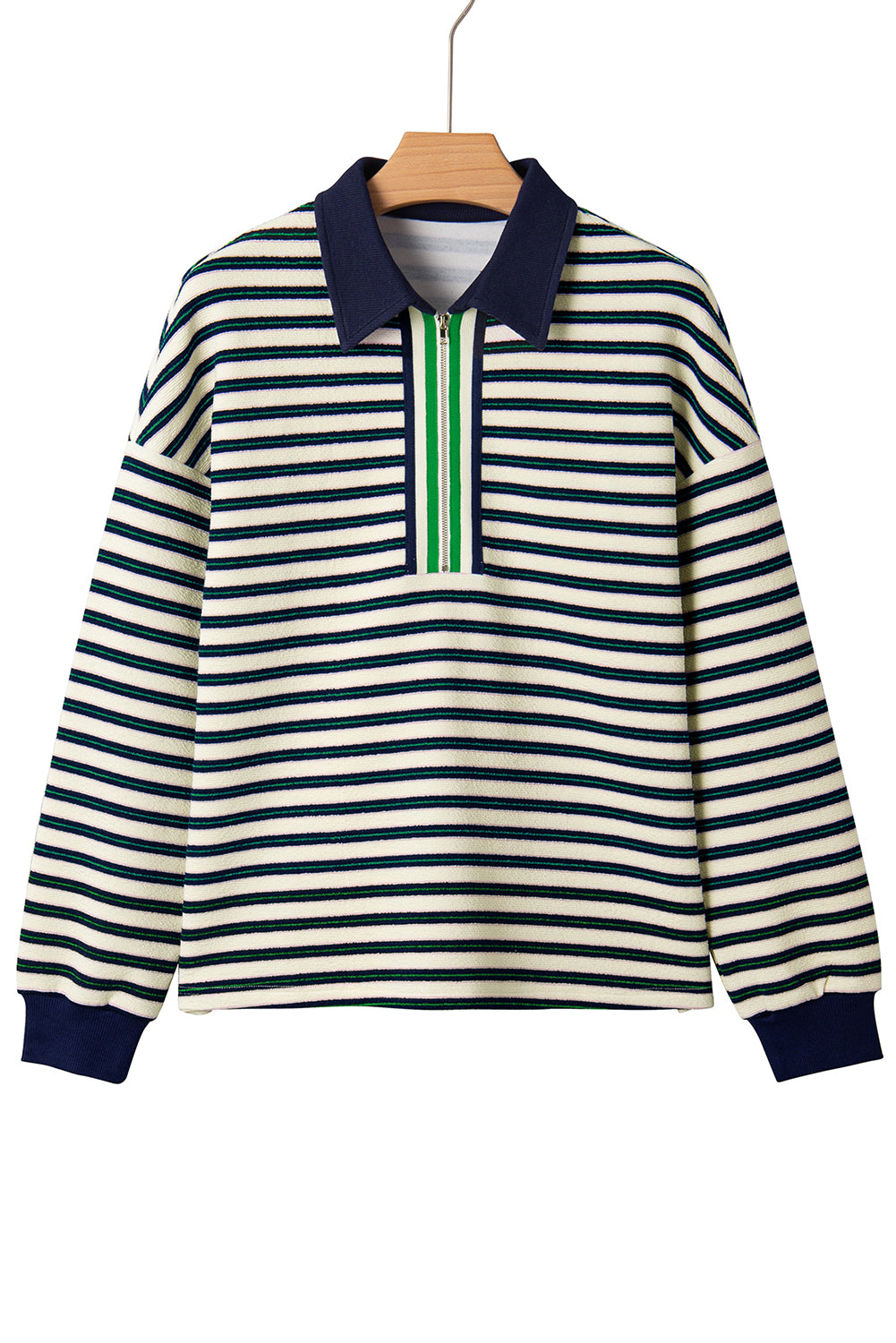 Navy Blue Pop of Color Zipper V Neck Striped Long Sleeve Top