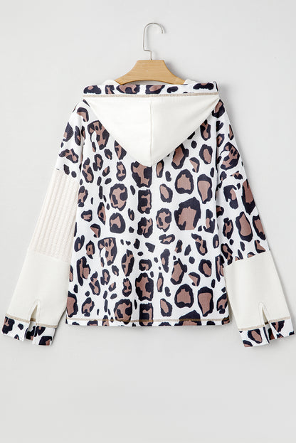 Apricot Leopard Mixed Texture Patchwork Zip Up Drop Shoulder Hoodie