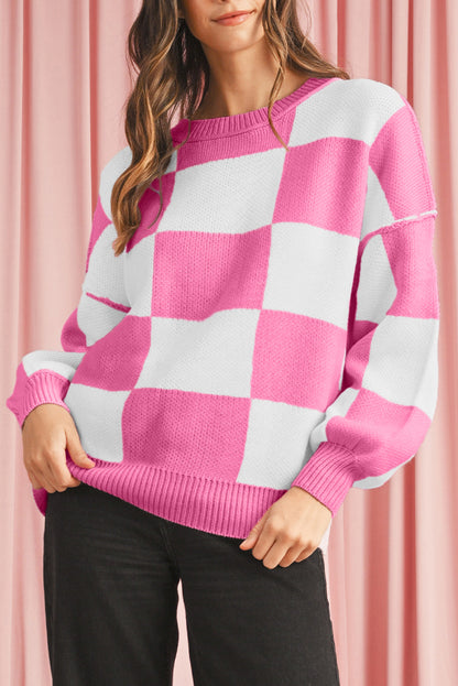 Pink Checked Bishop Sleeve Pullover Sweater