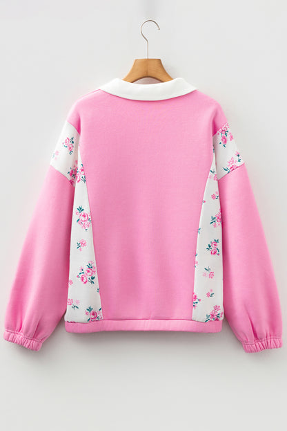 Bonbon Colorblock Polo Collar Floral Patchwork Puff Sleeve Top