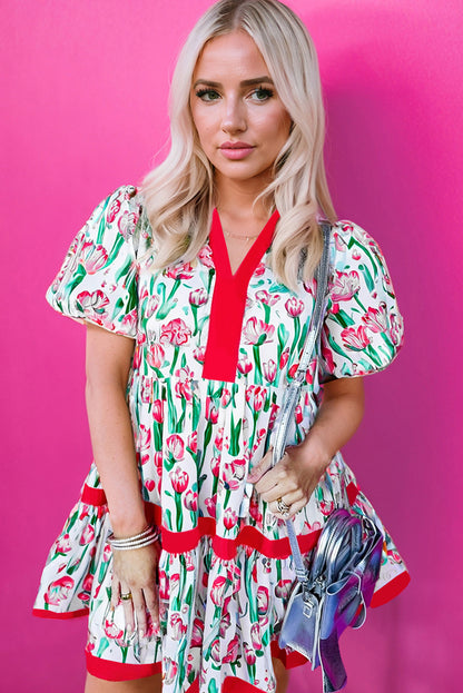Pink Floral Print Bubble Sleeve Babydoll Pop of Color Neckline Dress