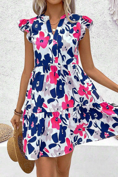 Orange Floral Print Notched Neck Flutter Sleeve Mini Dress