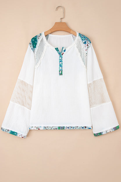 White Plant Mesh Patched Color Block Half Button Blouse