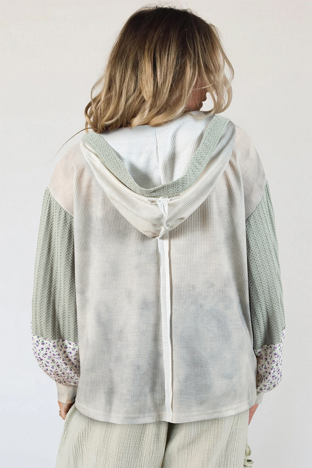 Pink Tie-dye Floral Textured Colorblock Patchwork Lantern Sleeve Hooded Top