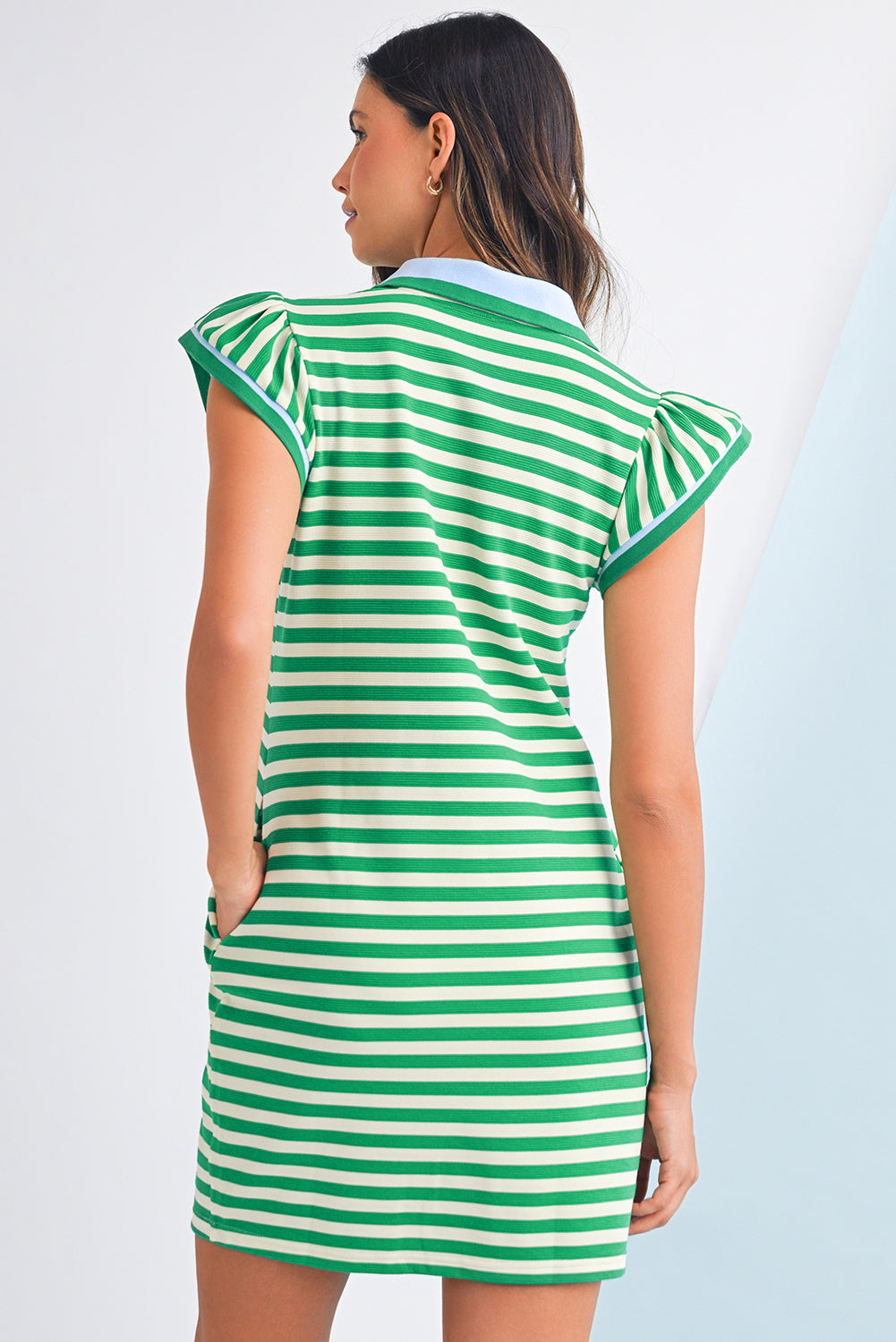 Green Striped Ruffle Short Sleeve Pop of Color Neckline Dress