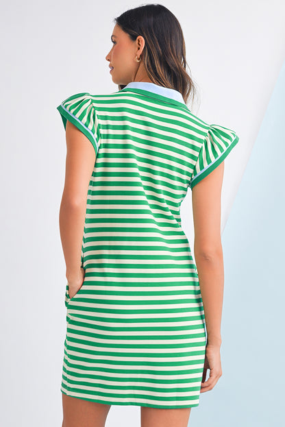 Green Striped Ruffle Short Sleeve Pop of Color Neckline Dress