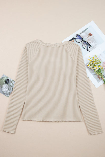 Beige Lace Neckline Button Decor Lettuce Edge Long Sleeve Ribbed Top
