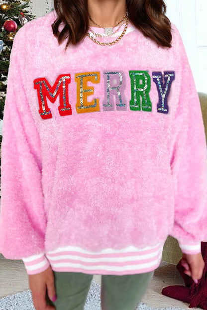 Sachet Pink Merry Letter Pattern Plush Pullover