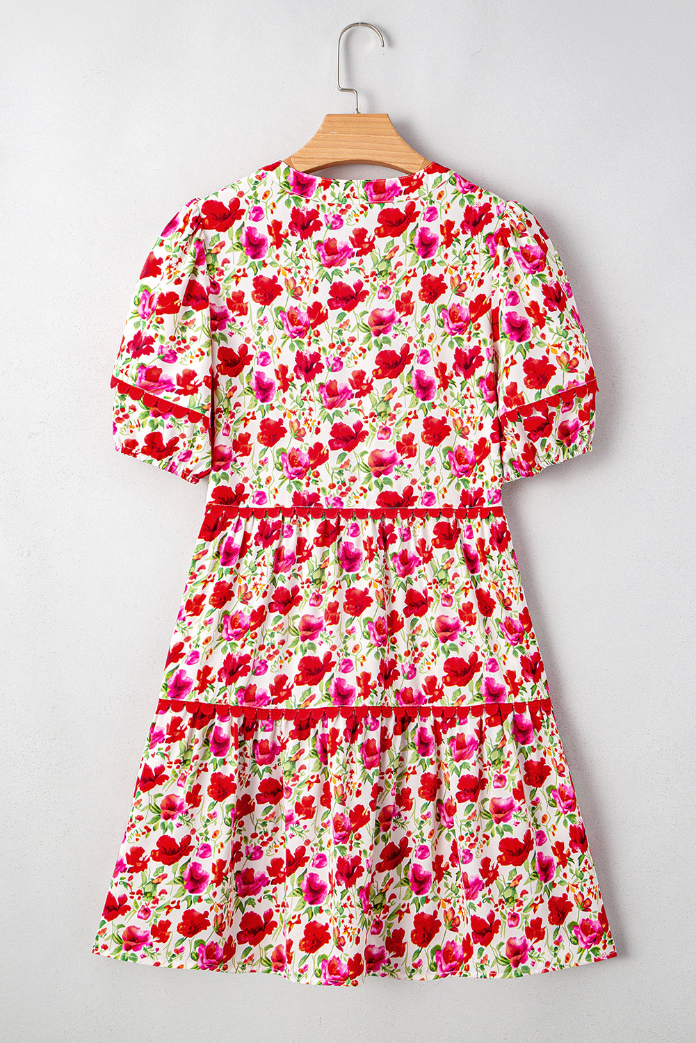 Red Floral Puff Sleeve Tiered Ric Rac Pocketed Mini Dress