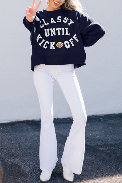 White CLASSY UNTIL KICKOFF Letter Graphic Loose Sweatshirt