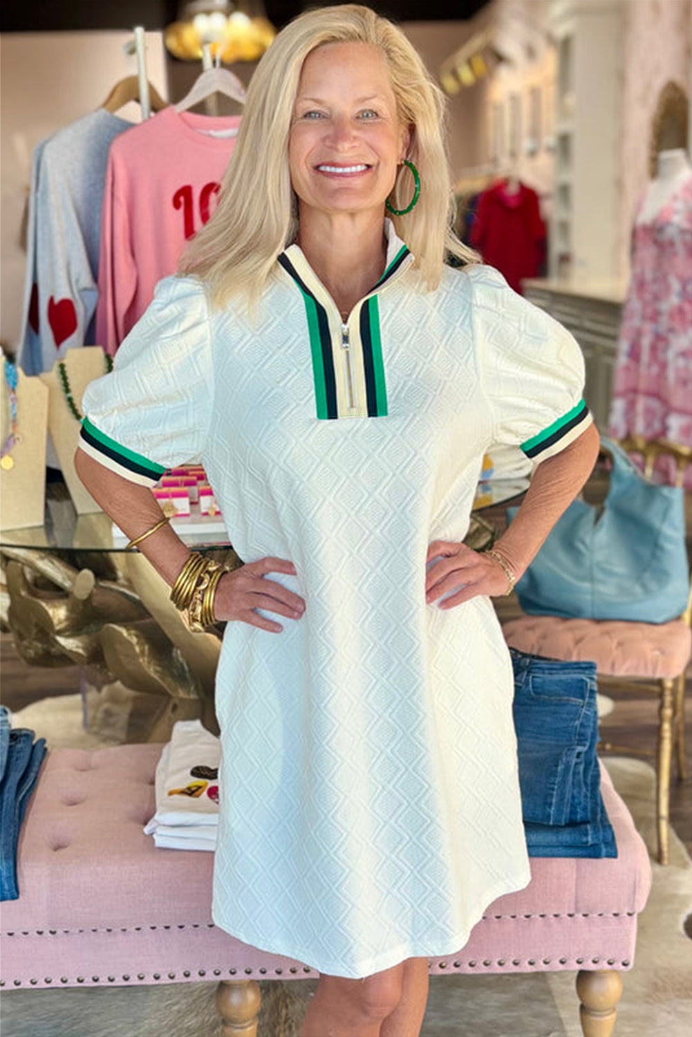 White Pop of Color Neckline Plaid Textured Puff Sleeve Mini Dress