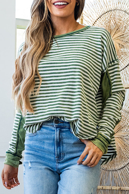 Green Striped Patchwork Knit Drop Shoulder Top