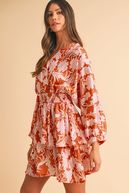 Brown Floral Puff Sleeve Shirred Waist Layered Dress
