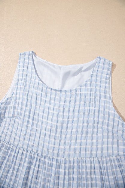 Light Blue Gingham High Waist Sleeveless Mini Dress