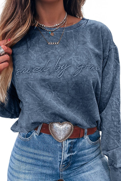 Real Teal saved by grace Letter Embroidery Mineral Wash Loose Sweatshirt