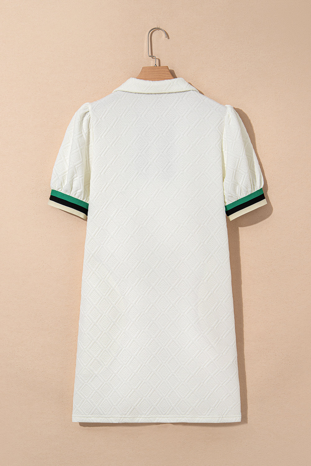 White Pop of Color Neckline Plaid Textured Puff Sleeve Mini Dress