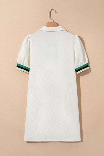 White Pop of Color Neckline Plaid Textured Puff Sleeve Mini Dress