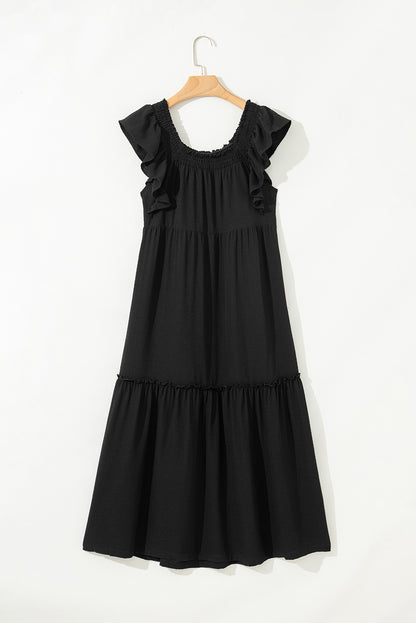 Purple Ruffled Flutter Sleeve Square Neck Textured Tiered Maxi Dress