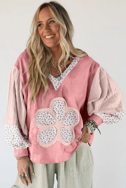 Pink Tie-dye Floral Textured Colorblock Patchwork Lantern Sleeve Hooded Top