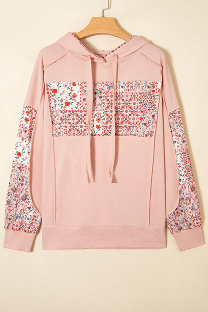 Delicacy Mix Floral Patchwork Side Slit Drawstring Hoodie
