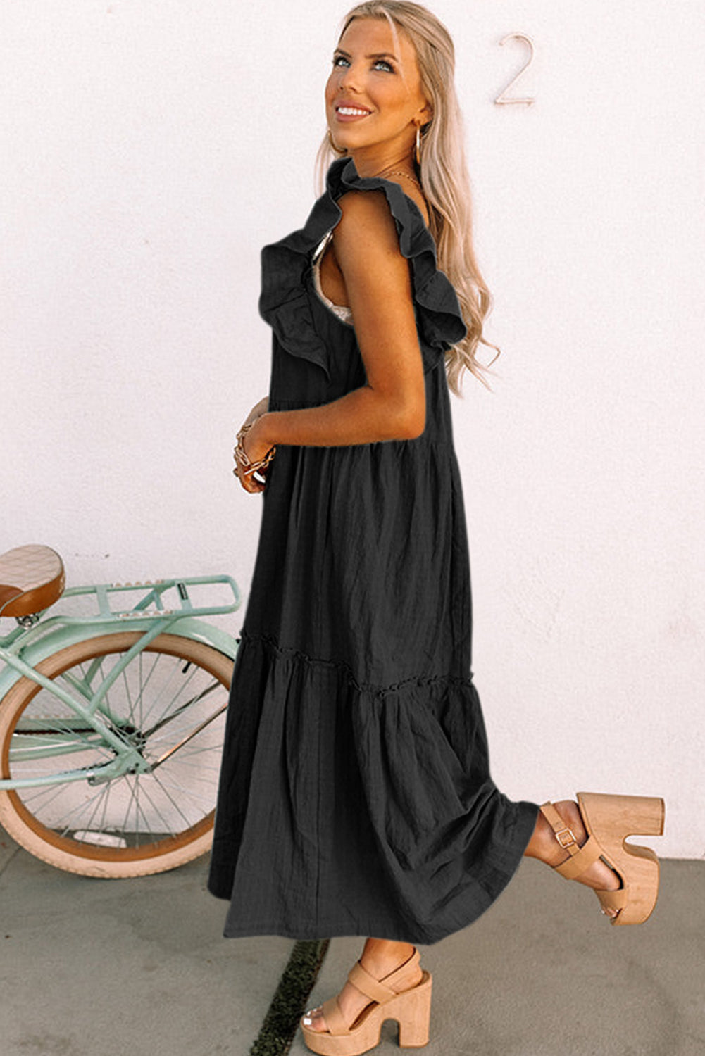 Purple Ruffled Flutter Sleeve Square Neck Textured Tiered Maxi Dress