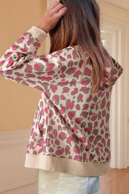 Rose Leopard Print Zip Up Hooded Sweatshirt